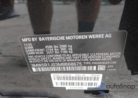 2021 BMW 330I из США, поврежденный, VIN 3MW5R1J03M8B68675